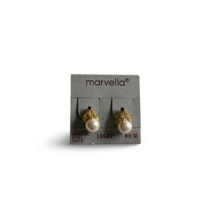 marvella faux pearl stud drop earrings - gold tone rhinestone vintage style